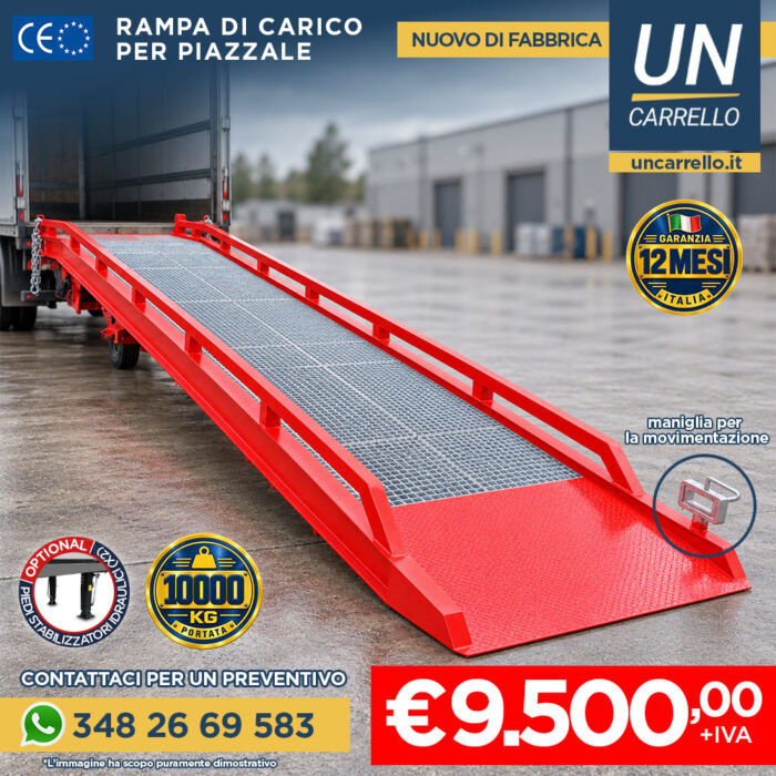 Red metal loading ramp attached to a truck, with safety rails and industrial setting; price €9.500 + IVA visible.