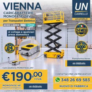 Advertising banner for Vienna 24V electric scissor lift: yellow lift raised in a warehouse, price €190 + IVA, contact and warranty badges visible.