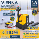 Advertising poster for a 24V electric pallet truck with a yellow forklift and charging setup; highlights €110,€1500 prices and contact info in Italian.